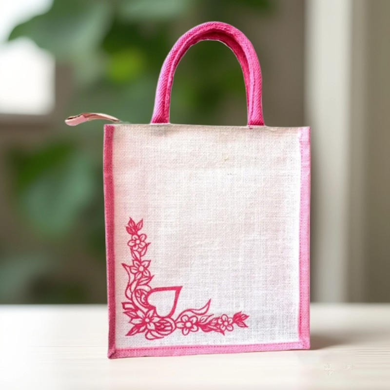 Pink Jute Tote Bag with Embroidered Floral Design