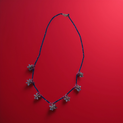 Black Beads Necklace with Red Flower Pendants