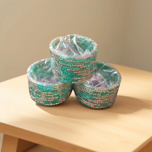 Green Glass Bangles Set with Rhinestones