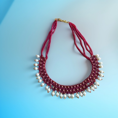 Red and White Pearl Beaded Necklace